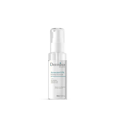 Dermina Acnecidol 0.1% foaming facewash with salicylic and glycolic acid for acne-prone skin, in a white bottle with pump.
