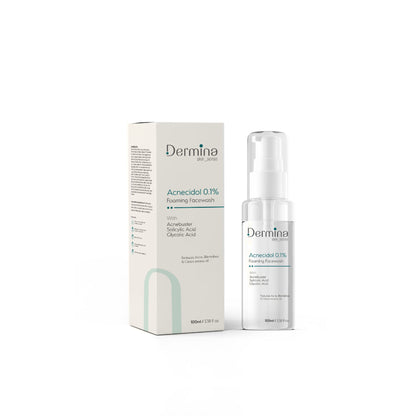 DERMINA Acnecidol 0.1% foaming facewash with salicylic and glycolic acids for acne care, visible in the image.