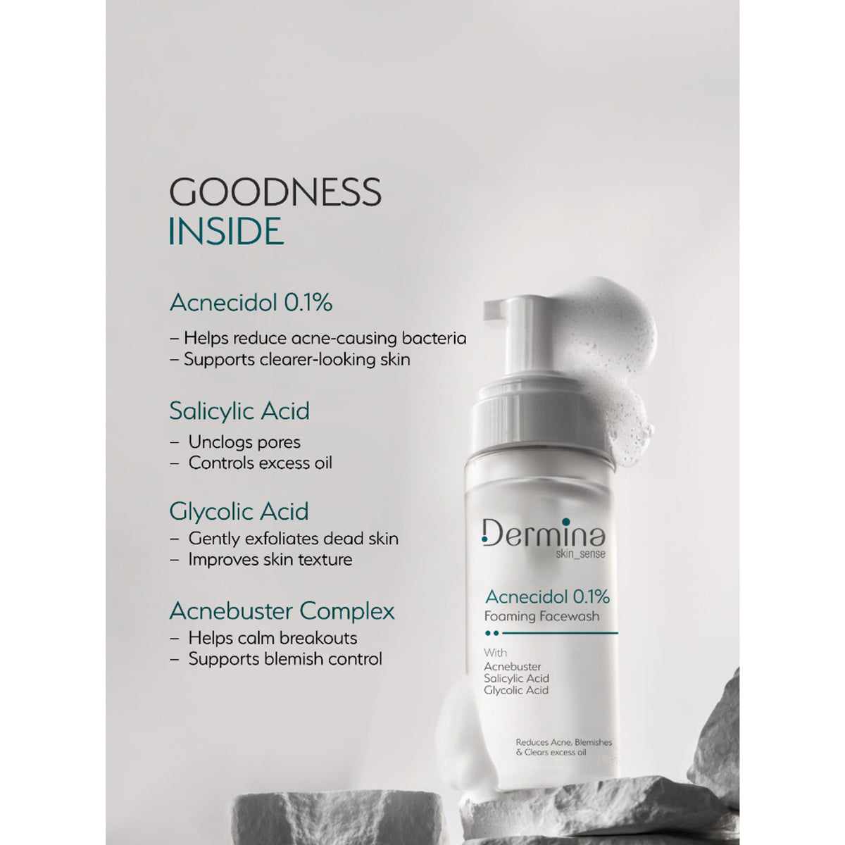 DERMINA Acnecidol 0.1% foaming facewash with salicylic and glycolic acid for acne-prone skin, in a white pump bottle.