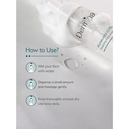 DERMINA Acnecidol 0.1% foaming facewash with salicylic and glycolic acid for acne-prone skin, showing the product bottle.