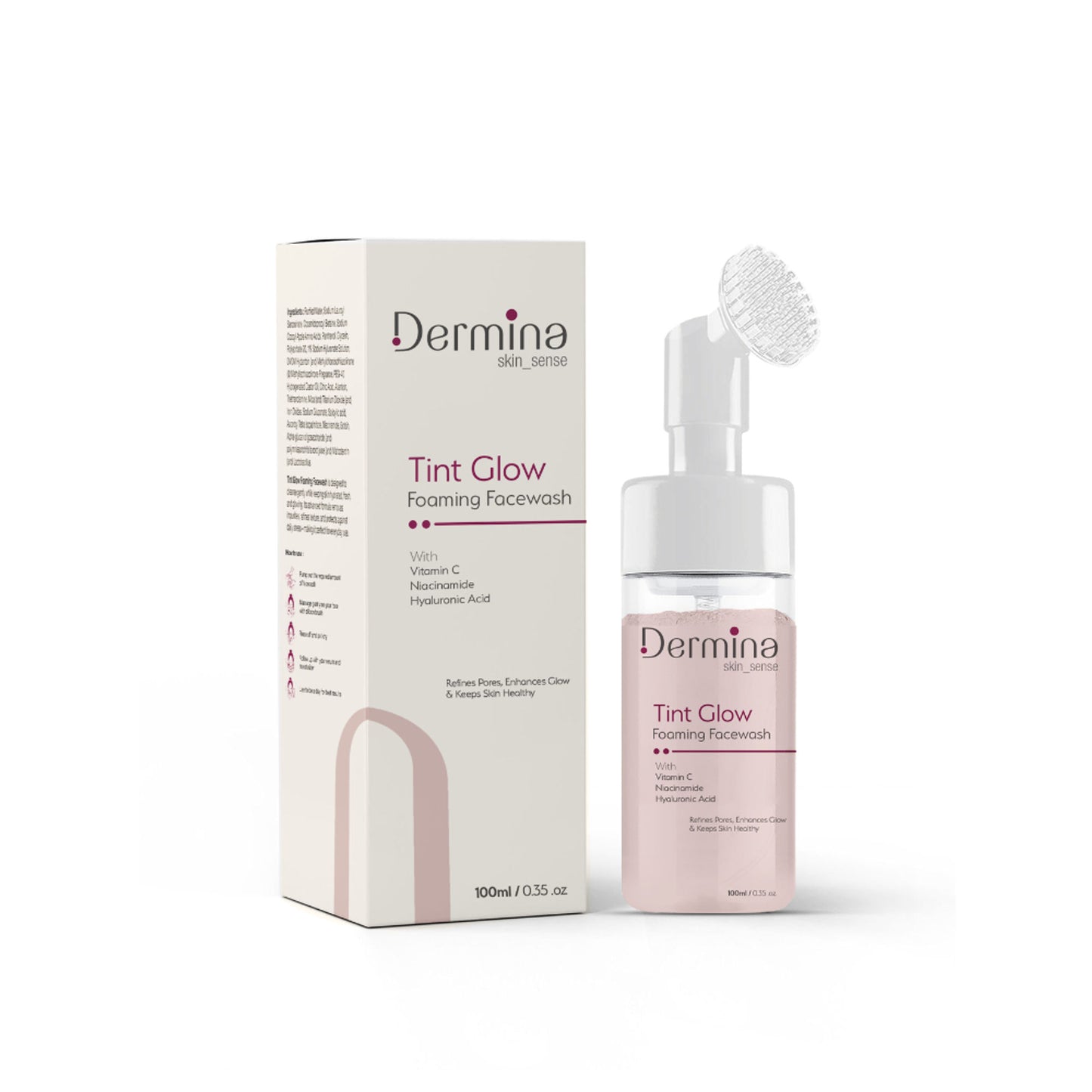 Dermina Tint Glow Foaming Facewash with Vitamin C, Niacinamide & HA for Radiant Skin