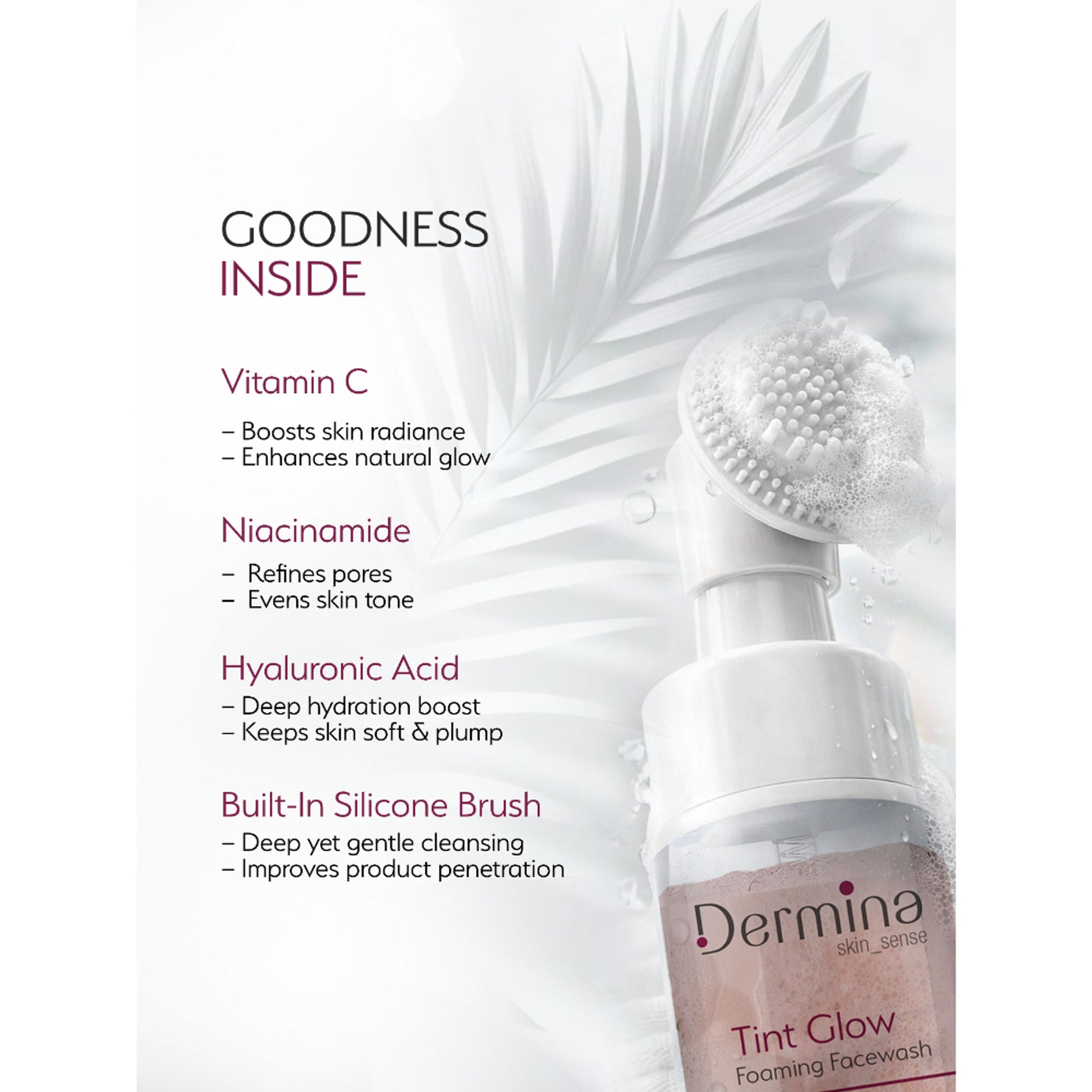 Dermina Tint Glow Foaming Facewash with Vitamin C, Niacinamide & HA for Radiant Skin