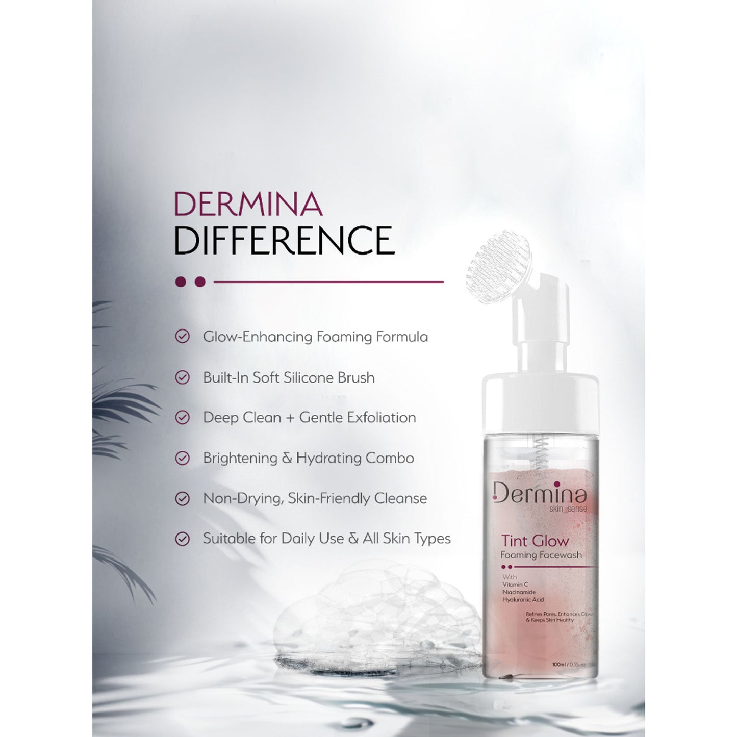 Dermina Tint Glow Foaming Facewash with Vitamin C, Niacinamide & HA for Radiant Skin