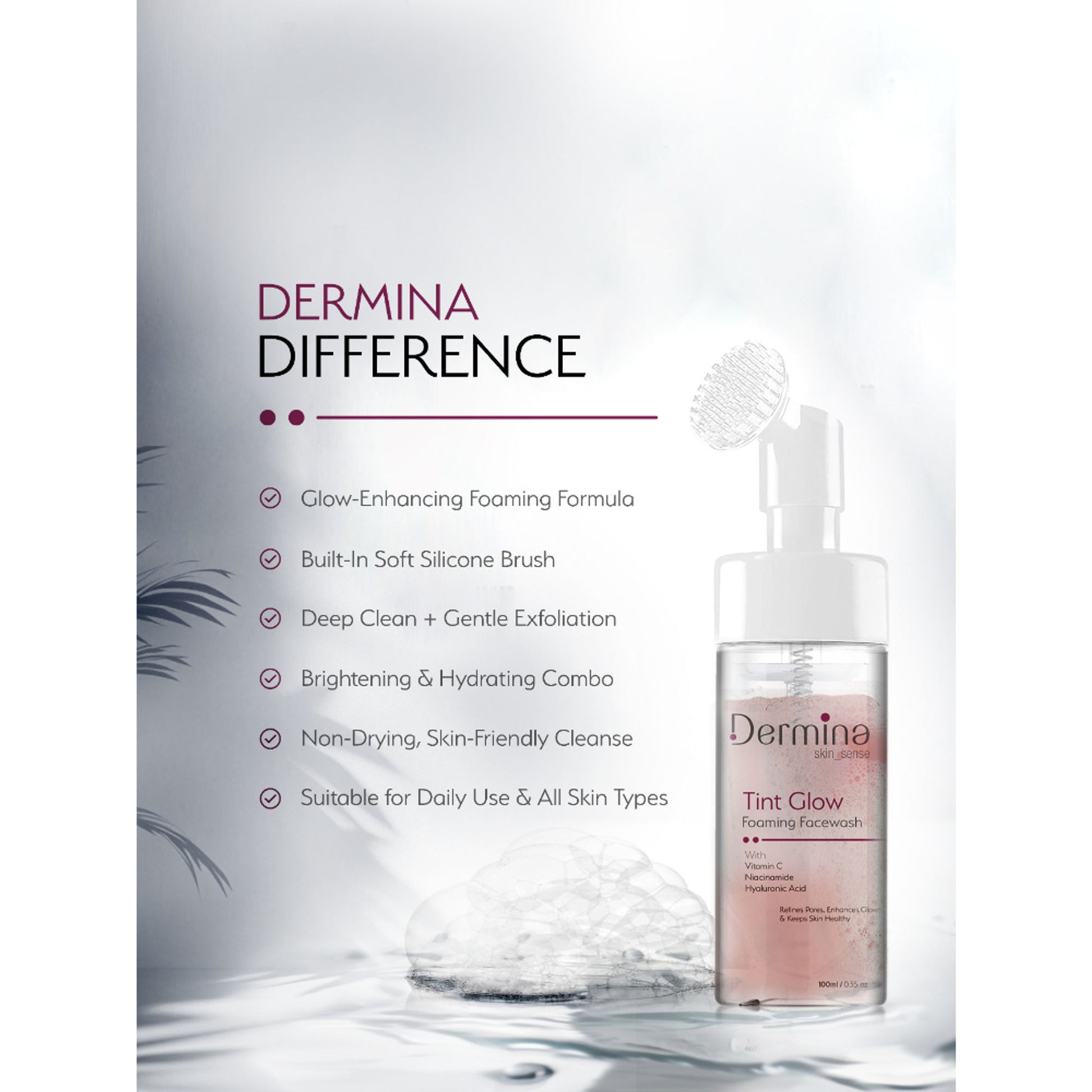 Dermina Tint Glow Foaming Facewash with Vitamin C, Niacinamide & HA for Radiant Skin