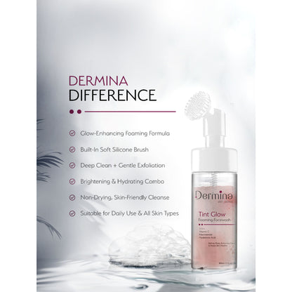 Dermina Tint Glow Foaming Facewash with Vitamin C, Niacinamide & HA for Radiant Skin