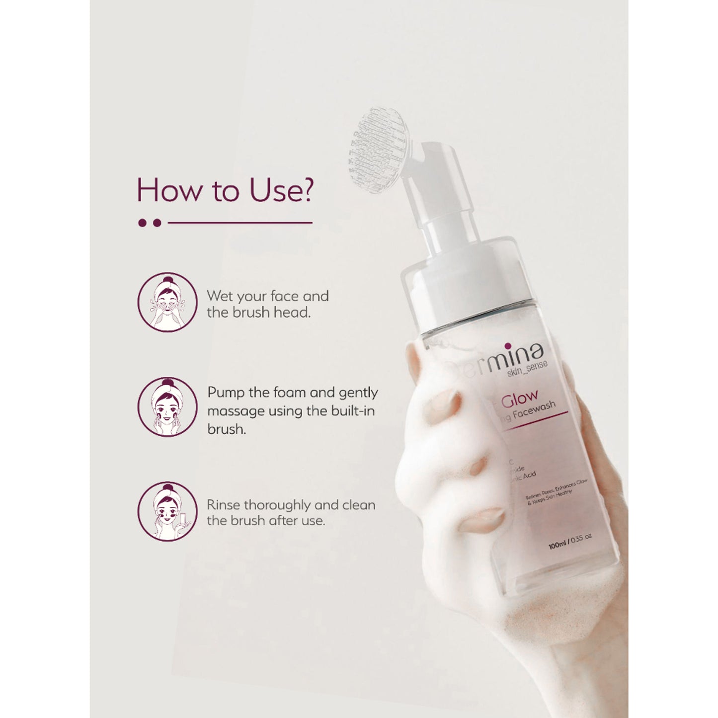 Dermina Tint Glow Foaming Facewash with Vitamin C, Niacinamide & HA for Radiant Skin