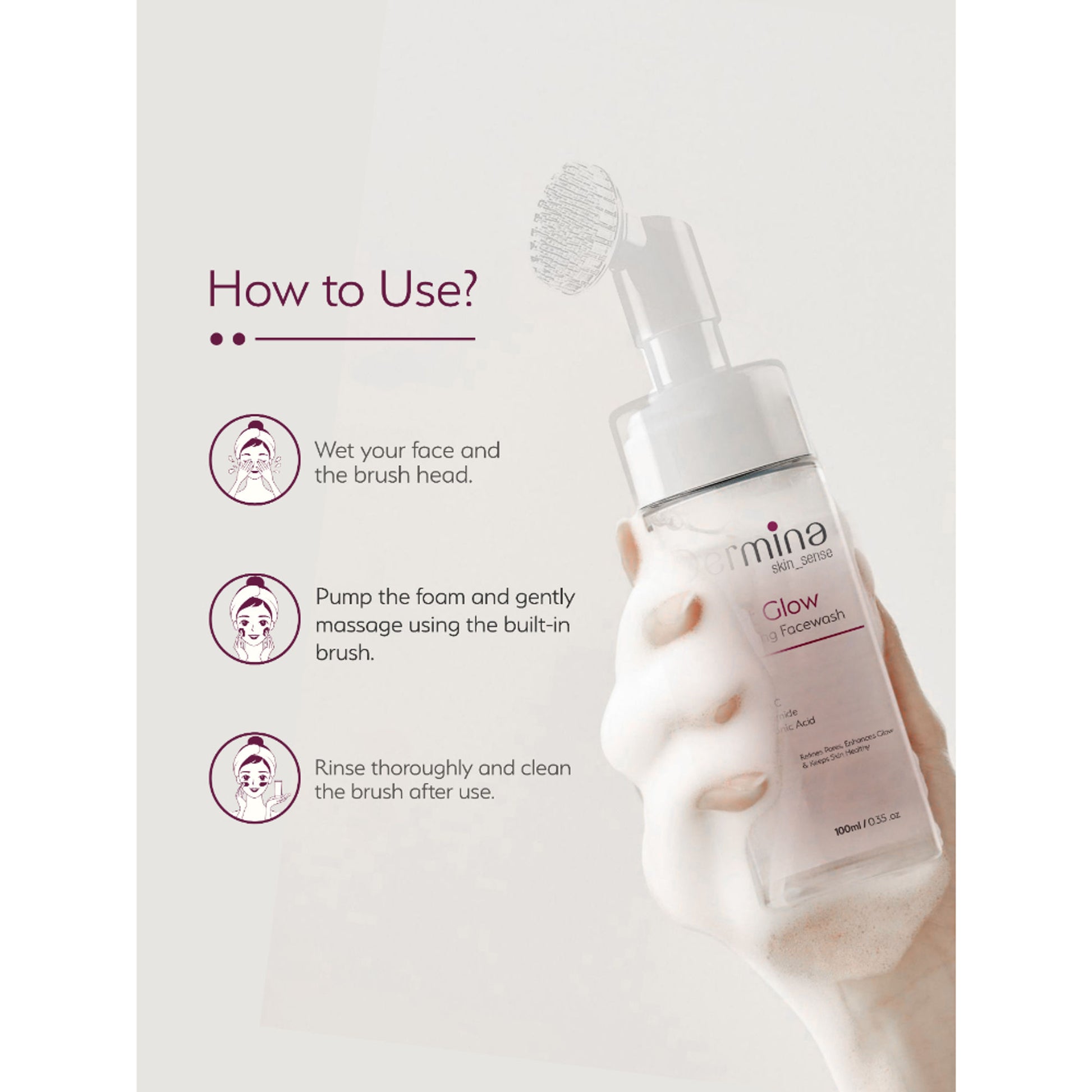 Dermina Tint Glow Foaming Facewash with Vitamin C, Niacinamide & HA for Radiant Skin
