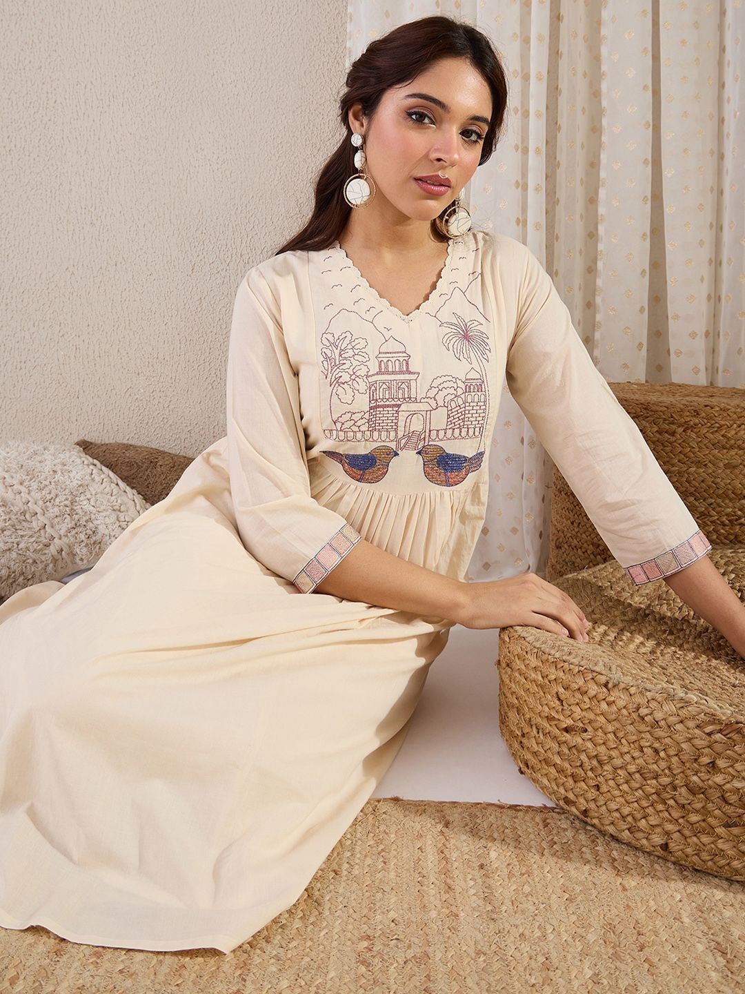 Dhiyona IE Embroidered V-Neck A-Line Top With Trousers Co-Ords