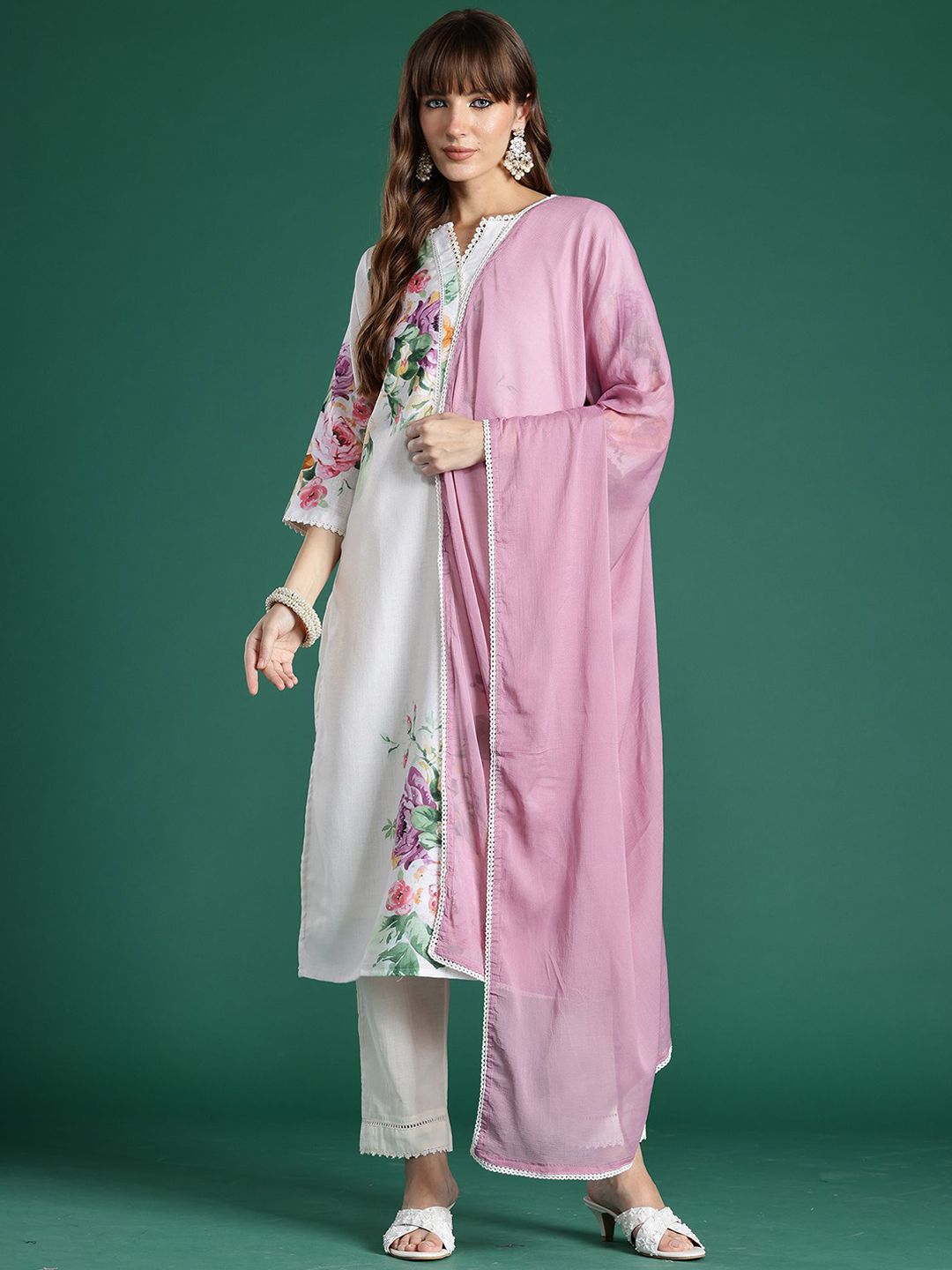 Indyancart IE Floral Printed Straight Beads and Stones Linen Kurta With Trousers And Dupatta