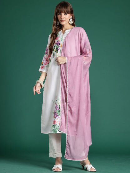 Indyancart IE Floral Printed Straight Beads and Stones Linen Kurta With Trousers And Dupatta