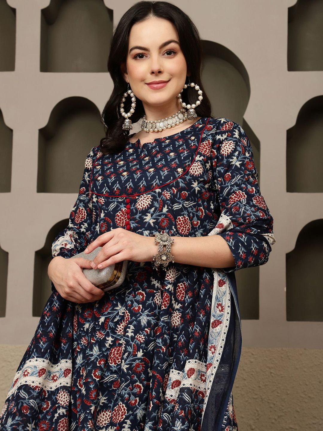 Indyancart SN Women's Navy Blue Floral Printed Pure Cotton Anarkali Kurta With Trousers & Dupatta