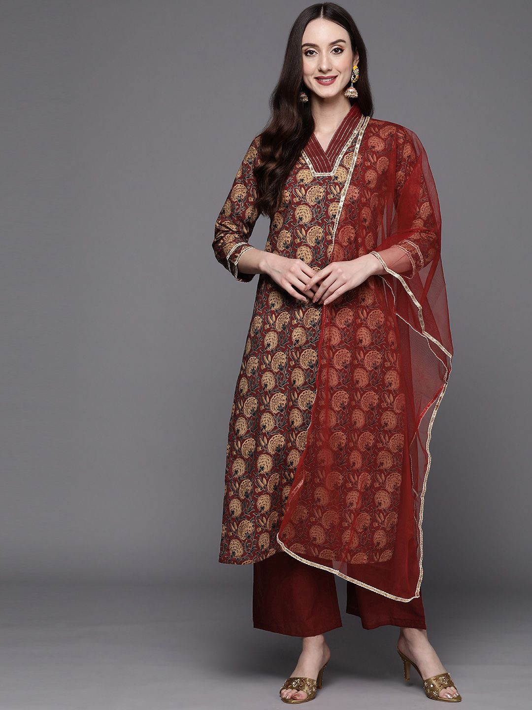 Women Maroon Floral Printed Sequinned Kurta with Palazzos & Dupatta
