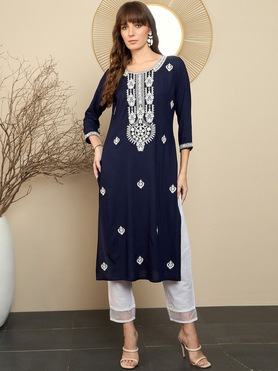Indyancart IE Pack Of 2 Floral Embroidered Straight Kurta
