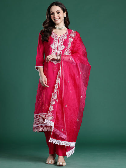 Indyancart IE Ethnic Motifs Embroidered Thread Work Kurta with Trousers & With Dupatta