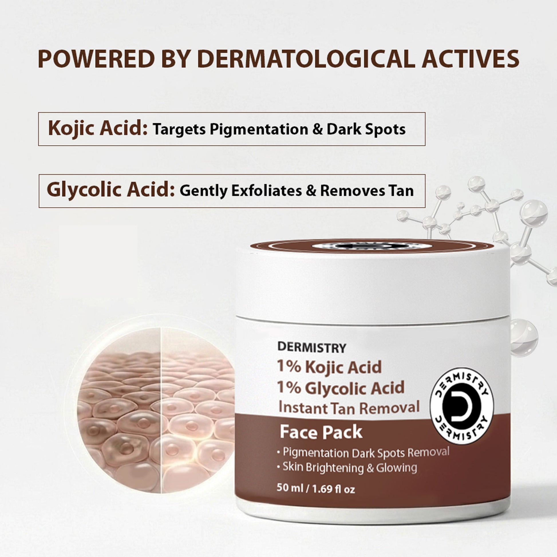 DERMISTRY Kojic Acid Pigmentation De D Tan Dark Spots Removal Skin Whitening Glowing Face Pack Mask