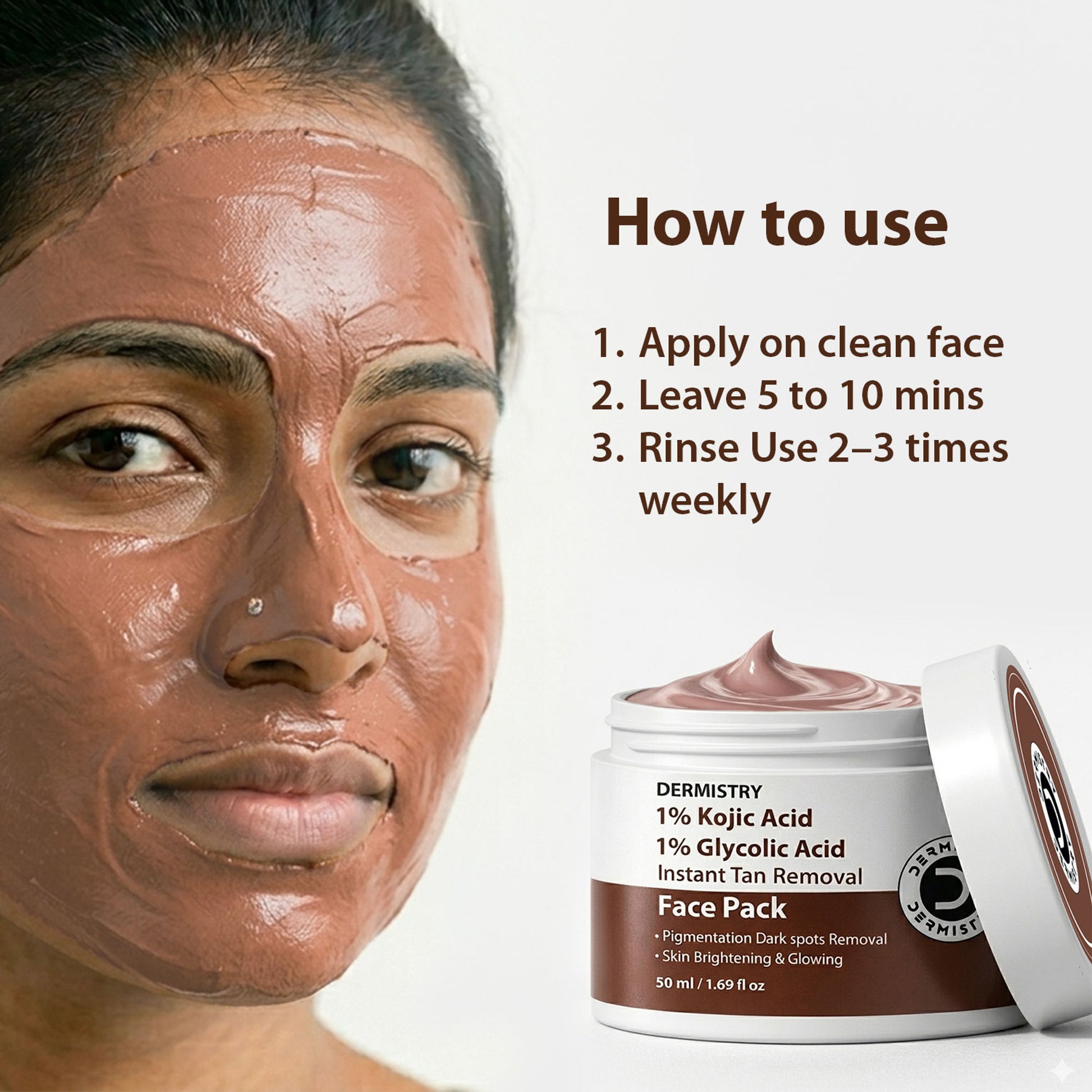 DERMISTRY Kojic Acid Pigmentation De D Tan Dark Spots Removal Skin Whitening Glowing Face Pack Mask