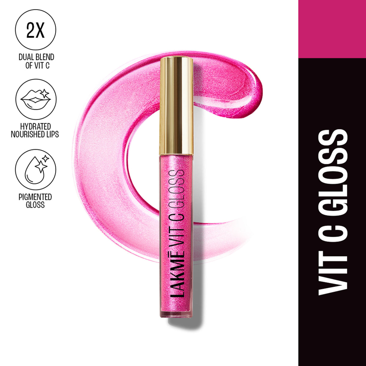 Lakme Superglow Glass Finish Lip Gloss Oil with Vitamin C in Insta Pink, showing the glossy lip gloss tube with pink tint and branding.