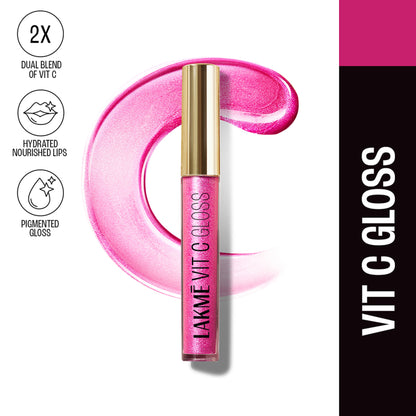Lakme Superglow Glass Finish Lip Gloss Oil with Vitamin C in Insta Pink, showing the glossy lip gloss tube with pink tint and branding.
