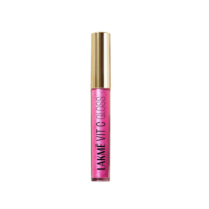 Lakme Superglow Glass Finish Lip Gloss oil in Insta Pink, featuring a shiny pink lip gloss bottle with Vitamin C for radiant lips.