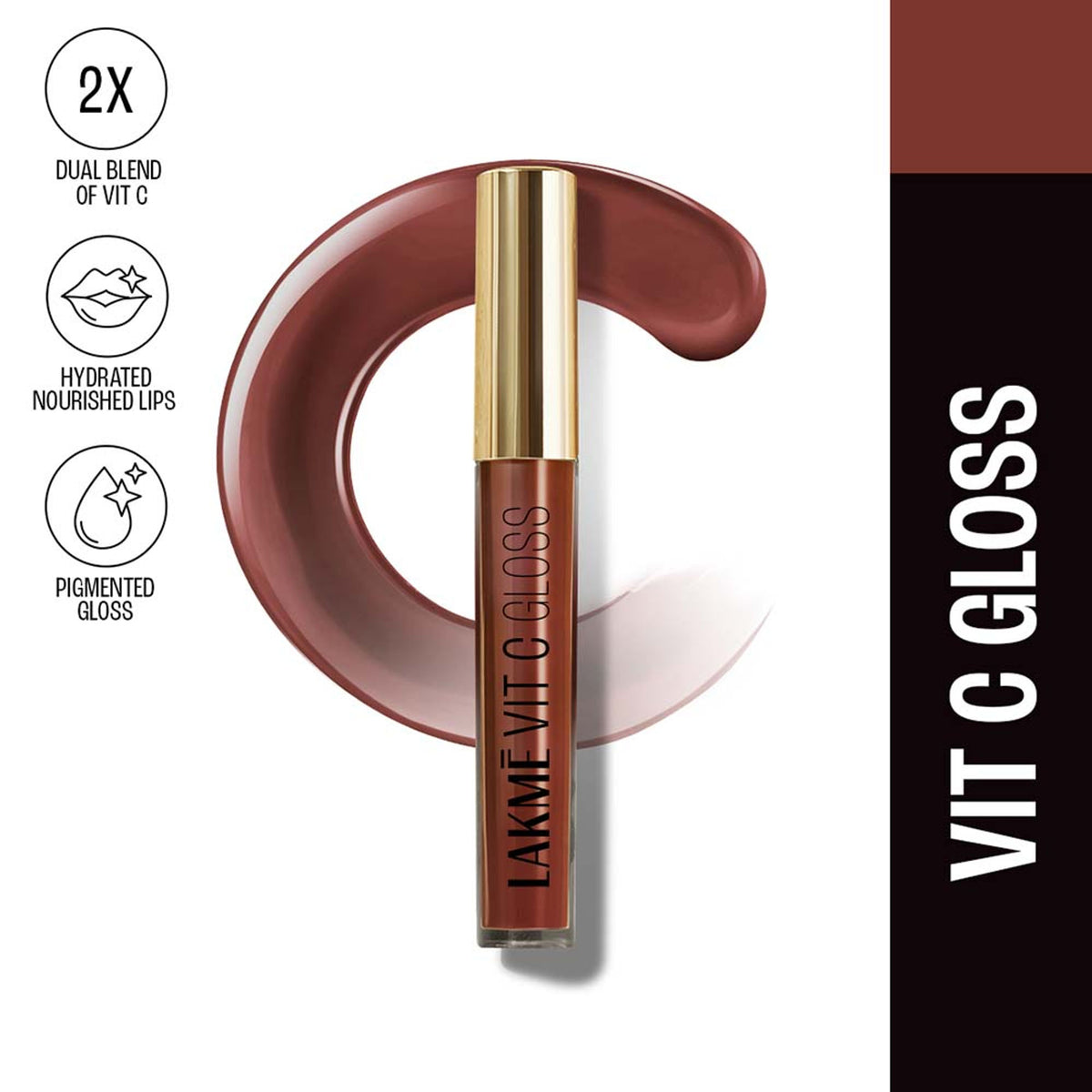 Lakme Superglow Glass Finish Lip Gloss Oil with Vitamin C in Coca Brown, showing the glossy lip gloss tube and product branding.