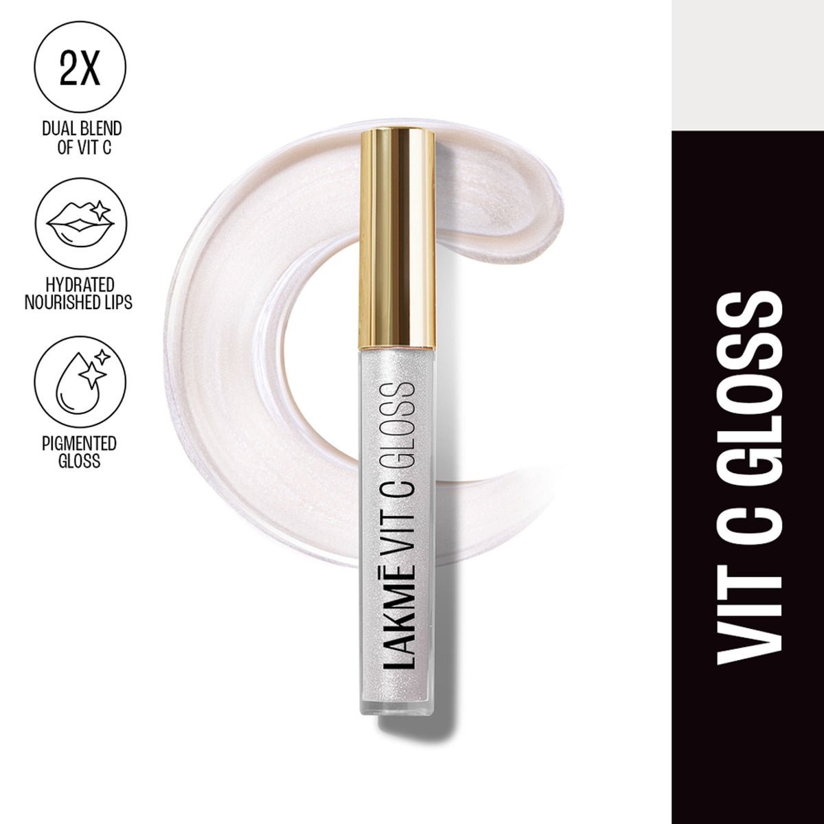 Lakme Superglow Glass Finish Lip Gloss Oil with Vitamin C in pearl shade, featuring a shiny, glossy finish on smooth lips.