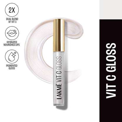 Lakme Superglow Glass Finish Lip Gloss Oil with Vitamin C in pearl shade, featuring a shiny, glossy finish on smooth lips.