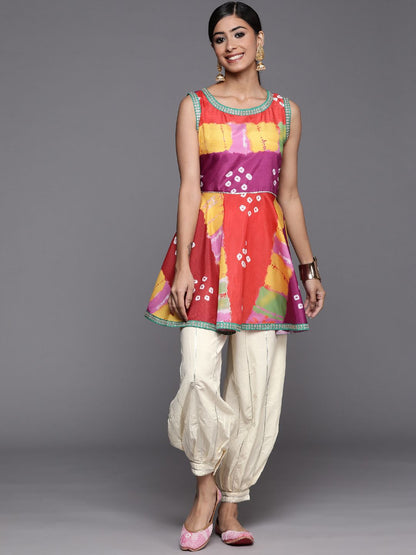 Indyancart VA Women's Multicoloured Bandhani Printed Kurta with Salwar