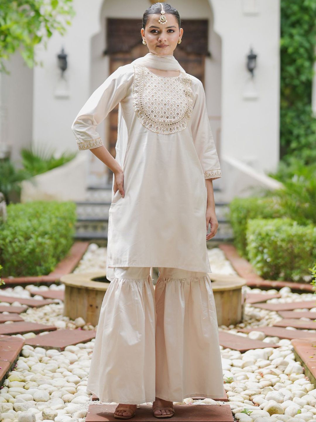 Indyancart IE Floral Embroidered Gotta Patti Liva Kurta with Sharara & Dupatta