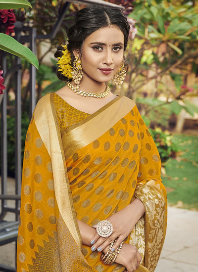 Indyancart GR Women's Yashomati Medallion Yellow Zari Woven Design Chanderi Cotton Saree