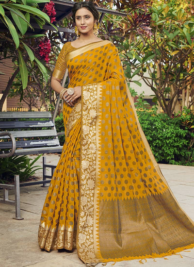 Indyancart GR Women's Yashomati Medallion Yellow Zari Woven Design Chanderi Cotton Saree