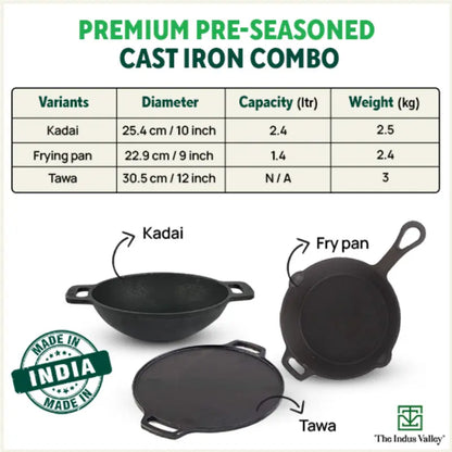 The Indus Valley CASTrong Cast Iron Cookware Set: Tawa+ Kadai+ Fry Pan, Kitchen Set for Home, Pre-seasoned, 100% Pure, Toxin-free, Tadka Pan