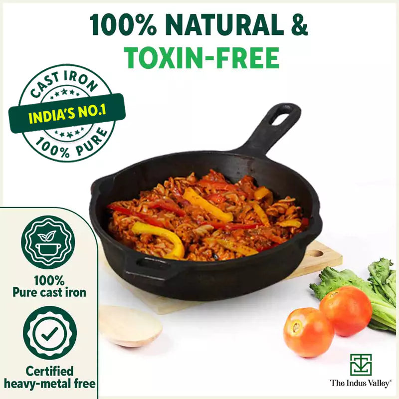The Indus Valley Super Smooth Cast Iron Frypan+ Free ₹110 Spatula, Pre-seasoned, Nonstick, 100% Pure,Toxin-free, 25.4cm, 1.7L, 2.4kg
