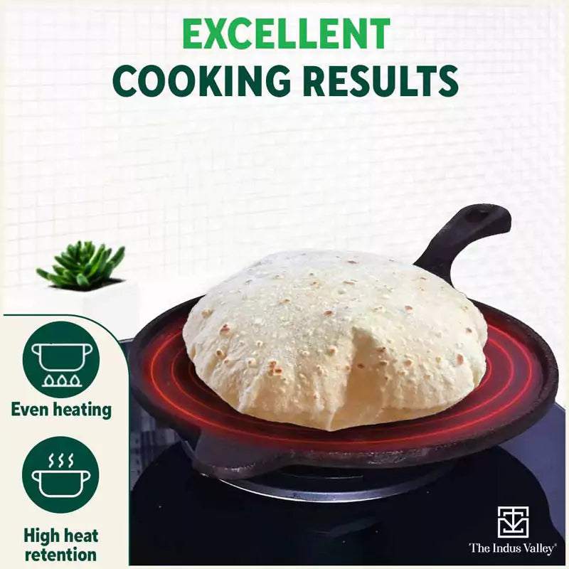 The Indus Valley Super Smooth Cast Iron Tawa, Long Handle,Pre-seasoned, Nonstick, 100% Pure, Toxin-free, Induction,Spatula, 25.4cm, 1.8kg