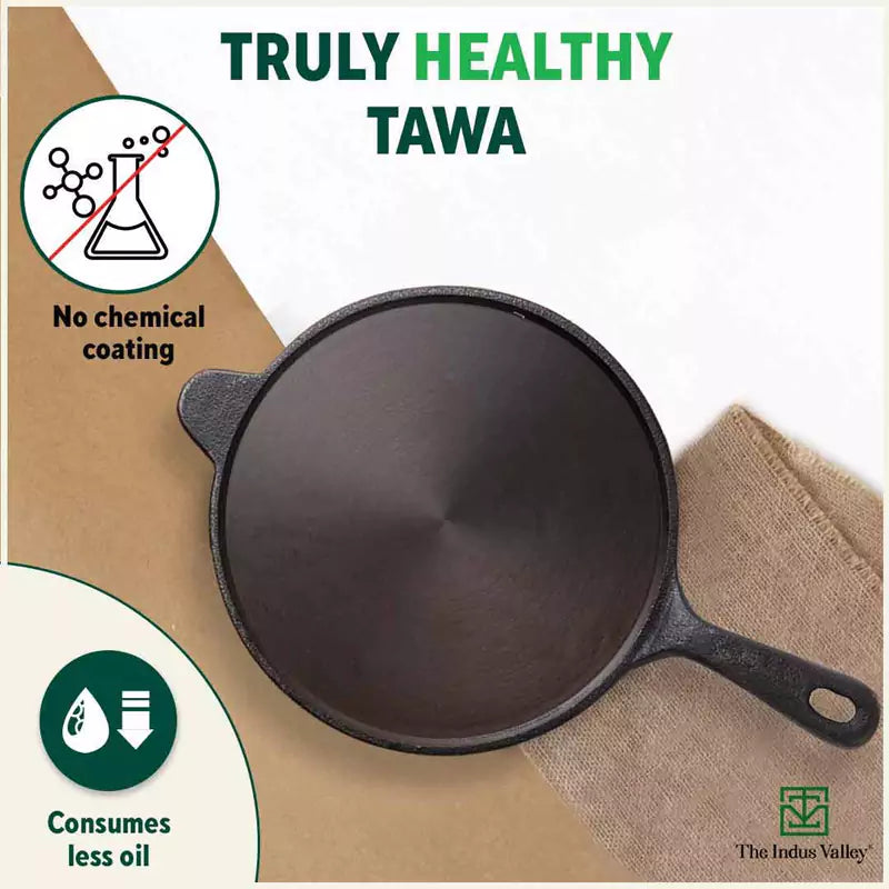 The Indus Valley Super Smooth Cast Iron Tawa, Long Handle,Pre-seasoned, Nonstick, 100% Pure, Toxin-free, Induction,Spatula, 25.4cm, 1.8kg