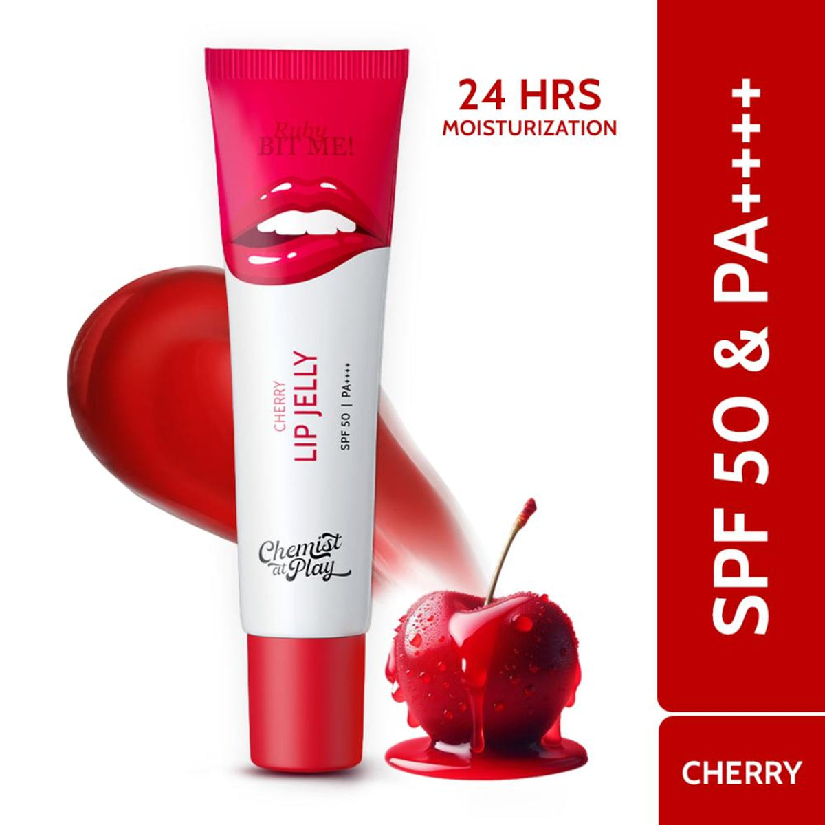 Chemist at Play chocolate tinted lip balm with SPF 50, cherry flavor, moisturizing for dry, chapped, and pigmented lips.