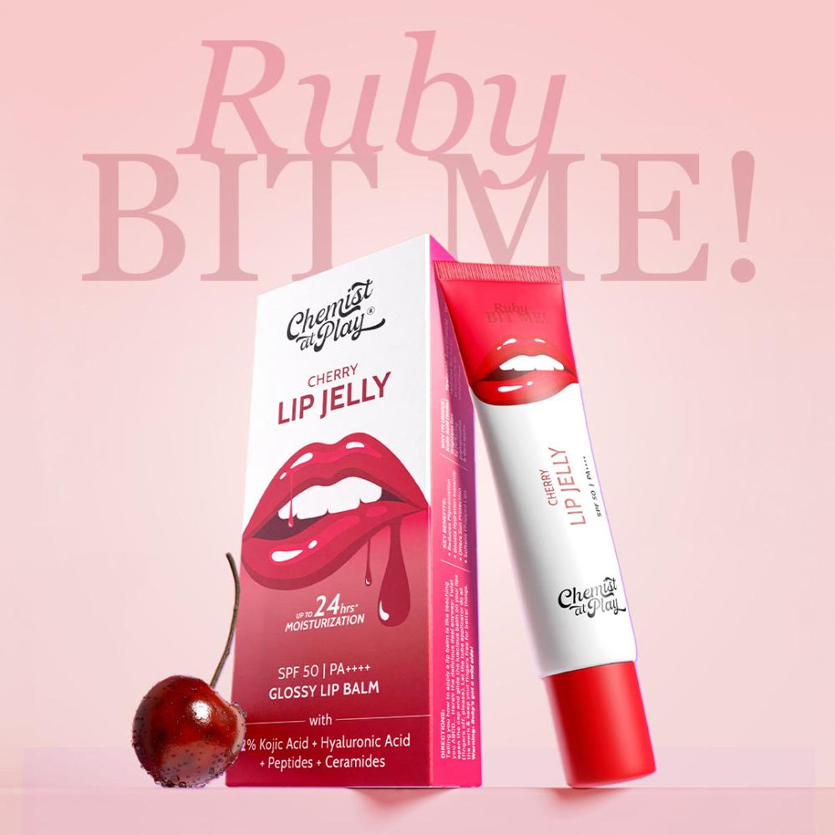 Chemist at Play Cherry tinted lip balm with SPF 50 PA++++ for dry, chapped, and pigmented lips, featuring a chocolate tint and smooth texture.