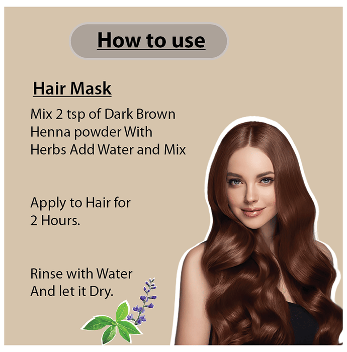 Miniature dark brown henna powder for hair masks, shown in a close-up image of the powder in a container.