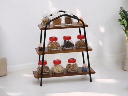 Vesta Homes 3-Tier Wooden Storage Rack for Kitchen, Bathroom | Countertop Organizer Shelf with Mango Wood & Iron Shelves | 51 x 18 x 44.5 cm
