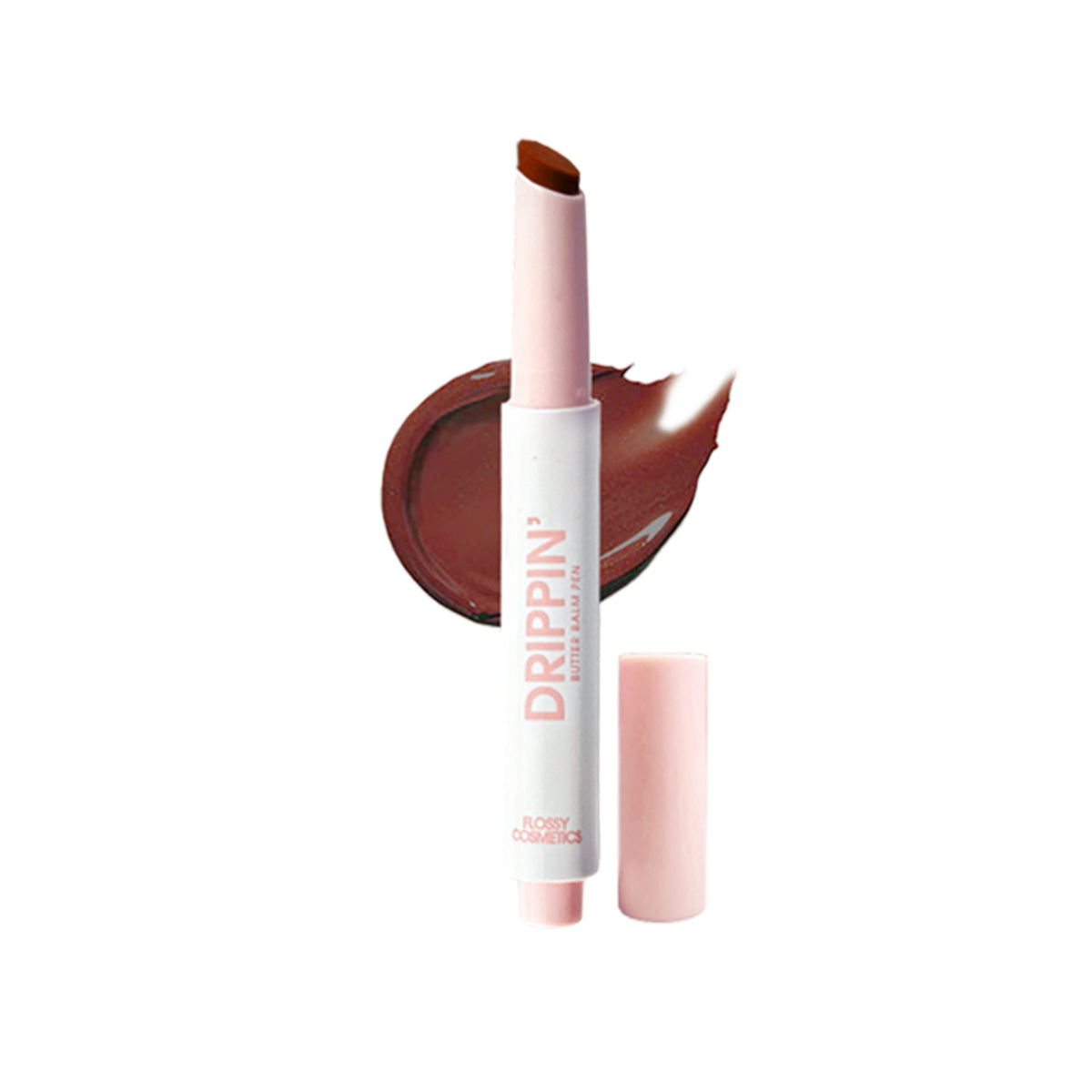 Flossy Cosmetics tinted lip balm with shea butter and jojoba oil in cacao, moisturizing and brightening dry lips.