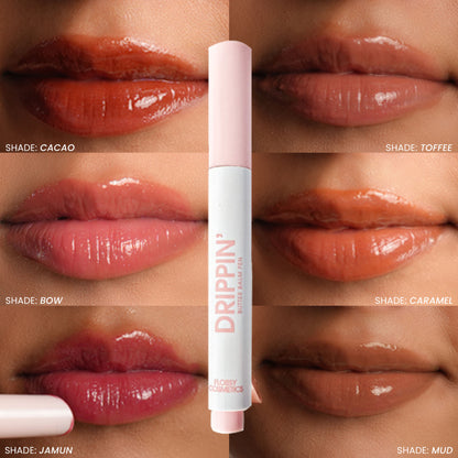 Flossy Cosmetics Jamun tinted lip balm with shea butter and jojoba oil, moisturizing and brightening dry lips.
