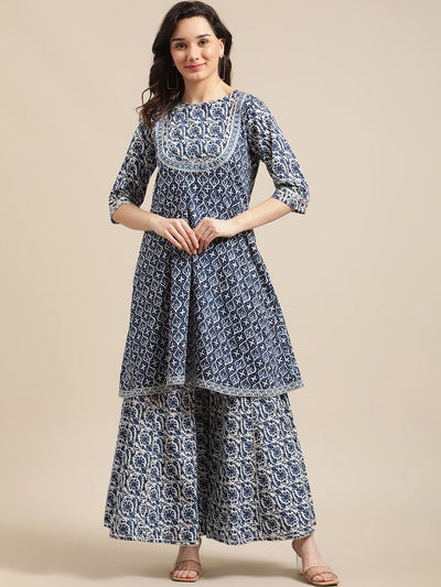 Indyancart VA Women'sBlue & White Floral Printed Flared Kurta Sharara Set