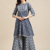 Dhiyona VA Women'sBlue & White Floral Printed Flared Kurta Sharara Set