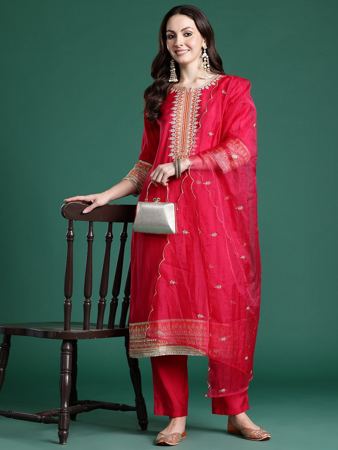 Ethnic Motifs Embroidered Kurta with Trousers & With Dupatta