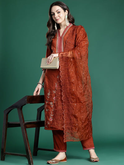 Indyancart IE Women Ethnic Motifs Embroidered Regular Sequinned Kurta with Trousers & With Dupatta