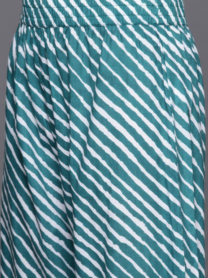 Indyancart VA Women's Leheriya Striped Regular Mirror Work Cotton Kurta With Trousers & Dupatta