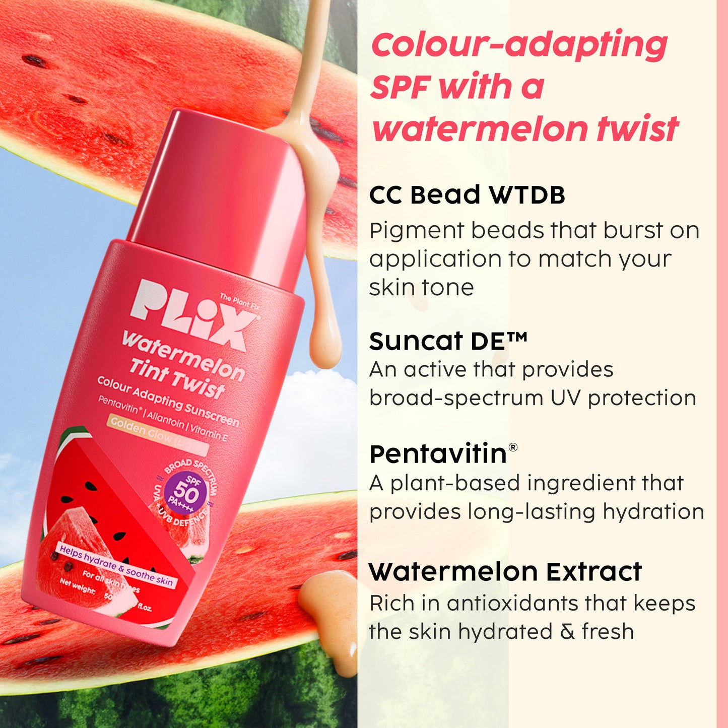 Plix Watermelon Tint Twist Color-Adapting Sunscreen - Golden Glow