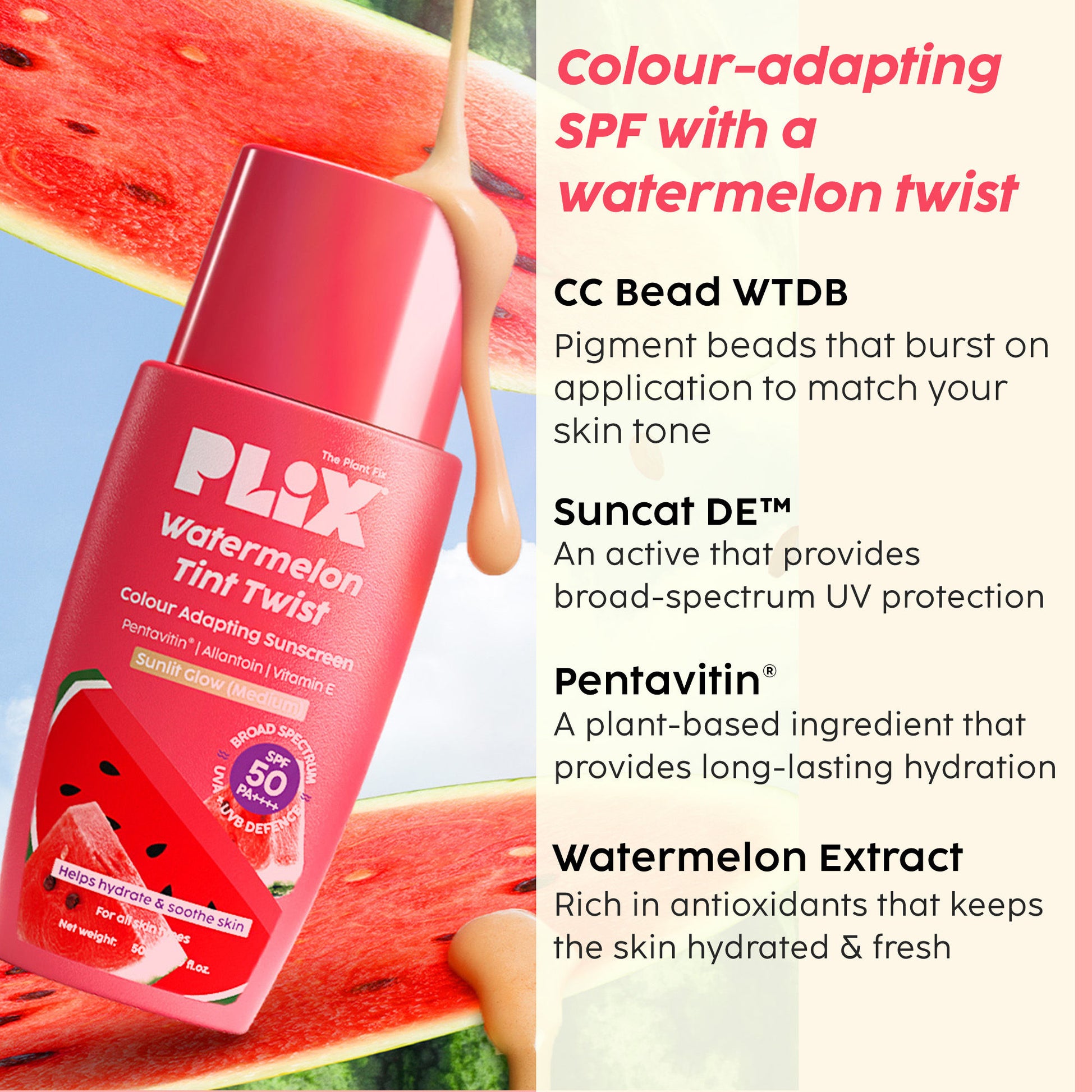 Plix Watermelon Tint Twist Color-Adapting Sunscreen - Sunlit Glow