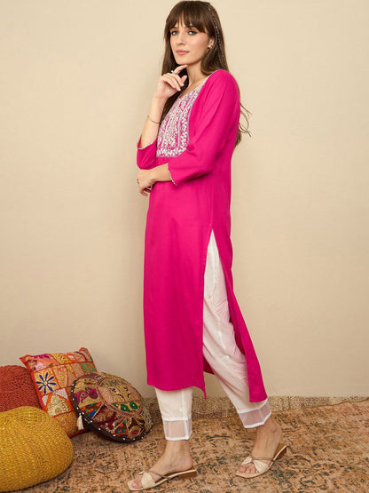 Dhiyona IE Ethnic Motifs Embroidered Round Neck Thread Work Straight Kurta
