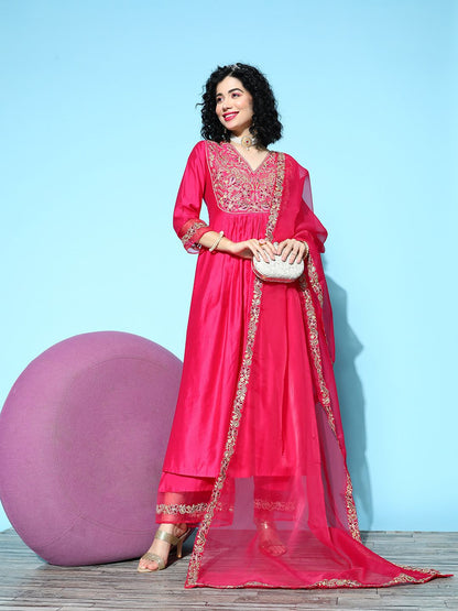 Indyancart IE Women Fuchsia Ethnic Motifs Embroidered Kurta with Palazzos & With Dupatta