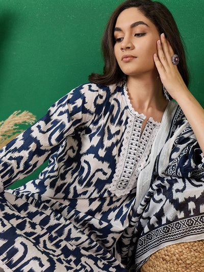 Indyancart SN Women's Printed Pure Cotton Straight Kurta With Trousers & Dupatta